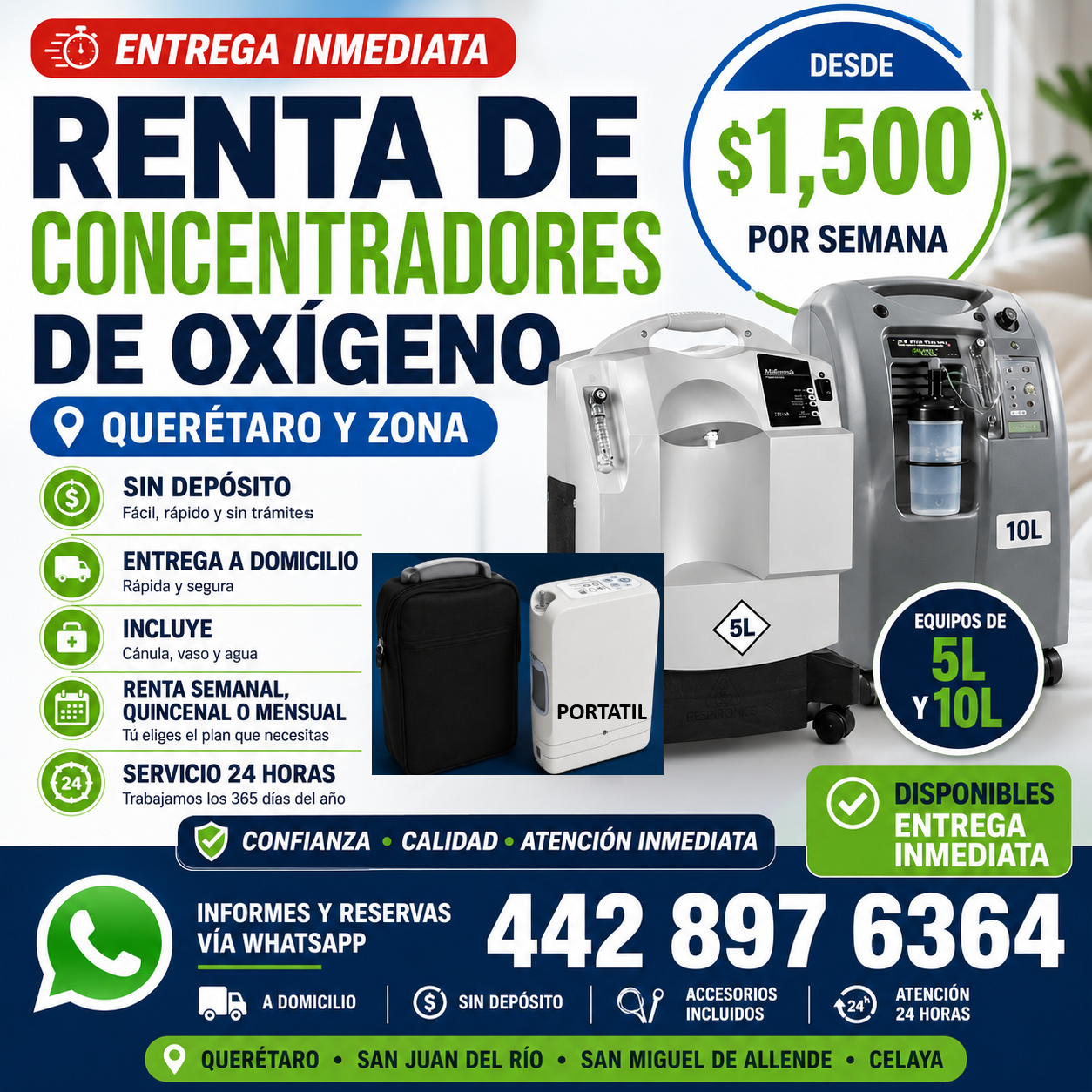 Renta de concentradores de oxígeno en Querétaro y zona, equipos de 5L, 10L y portátil